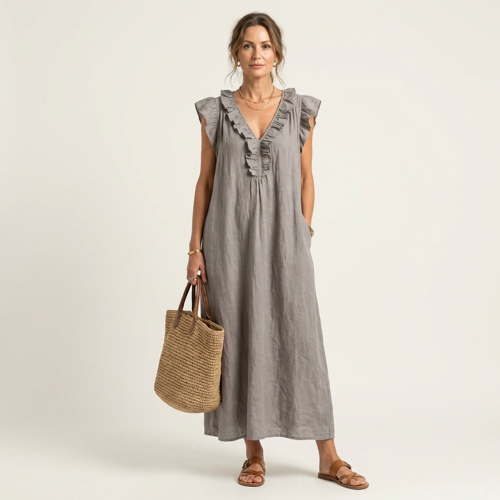 Josette | Vestido largo de algodón y lino con escote en V de volantes