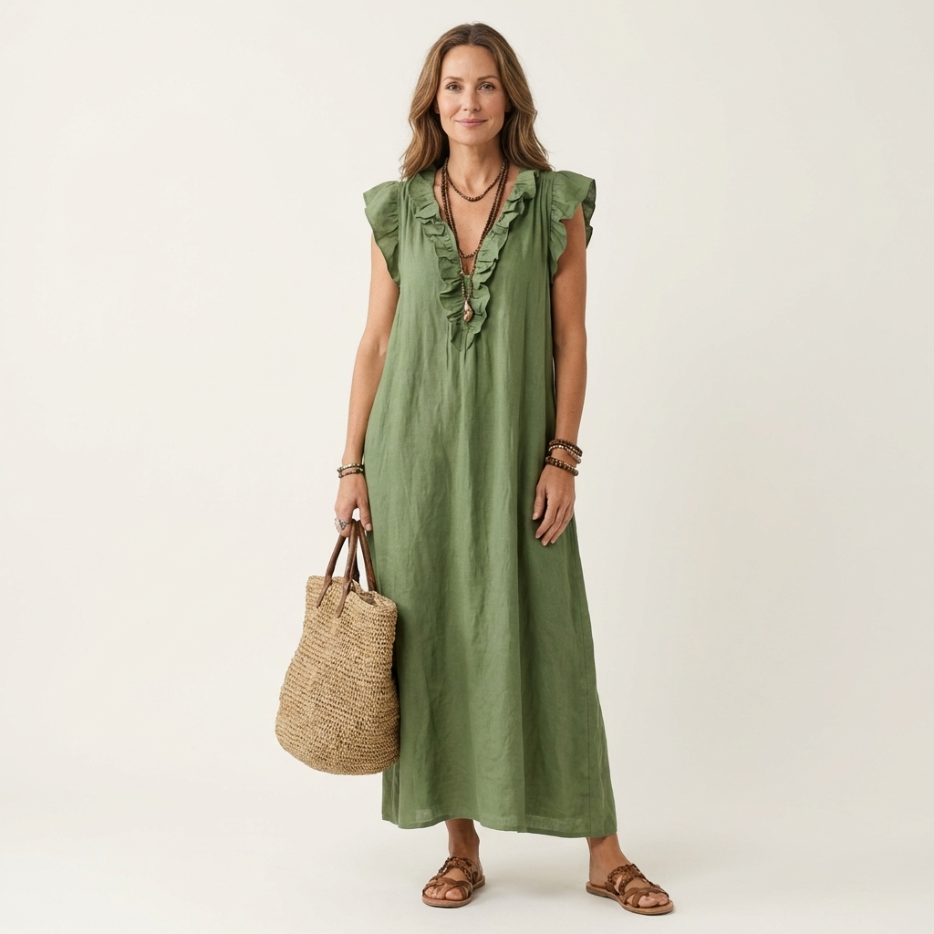 Josette | Vestido largo de algodón y lino con escote en V de volantes