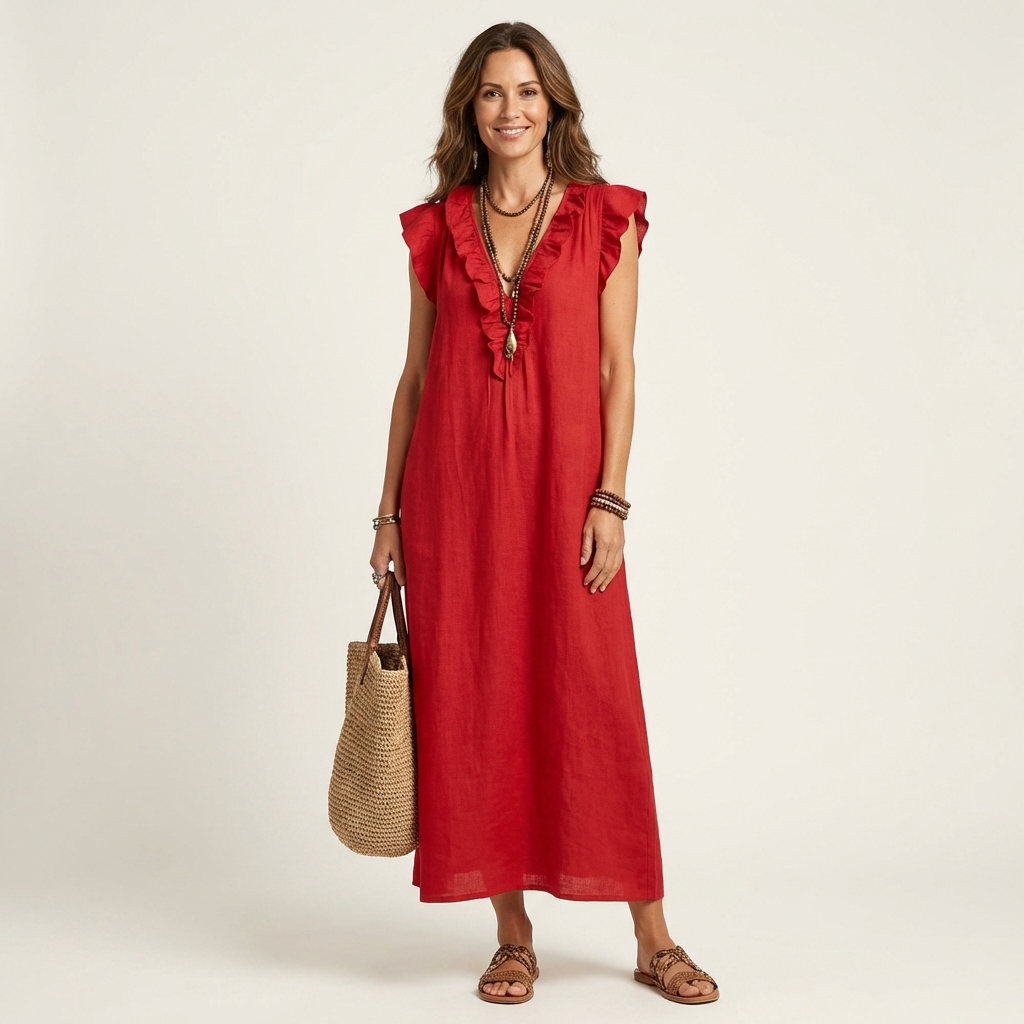 Josette | Vestido largo de algodón y lino con escote en V de volantes