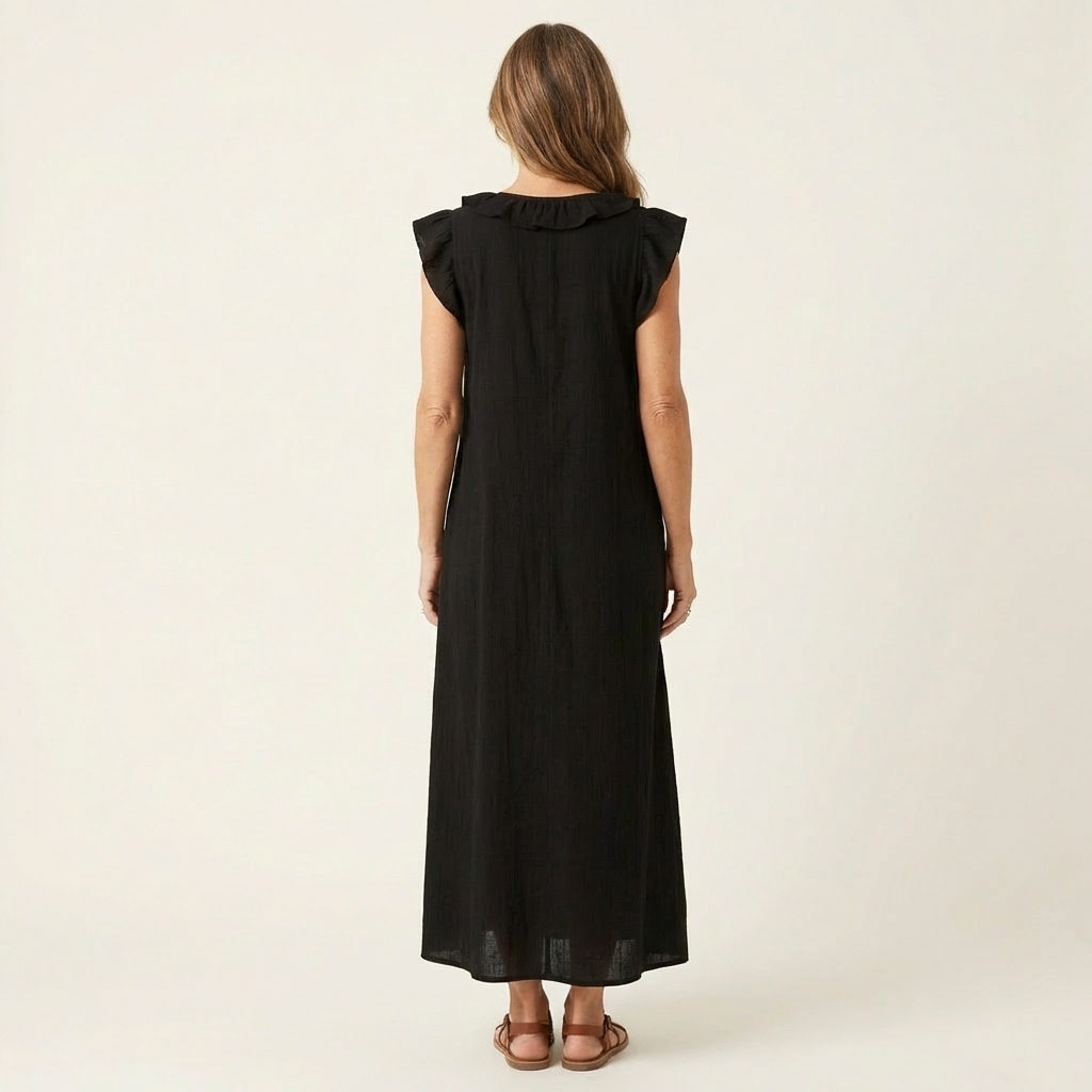 Josette | Vestido largo de algodón y lino con escote en V de volantes