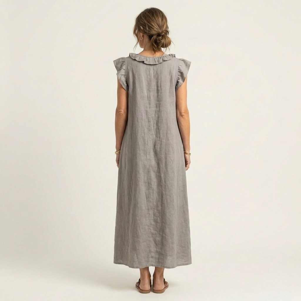Josette | Vestido largo de algodón y lino con escote en V de volantes