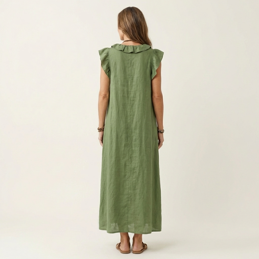 Josette | Vestido largo de algodón y lino con escote en V de volantes