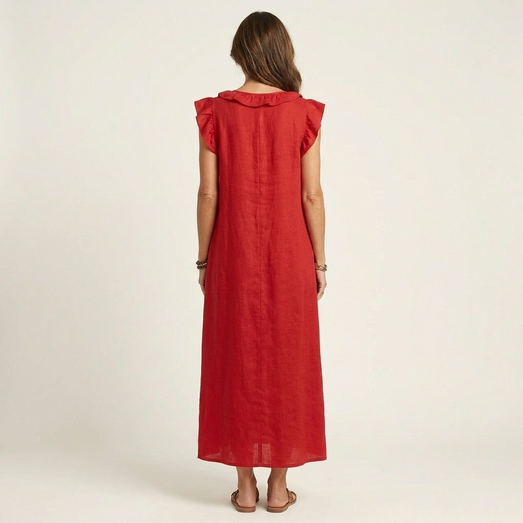 Josette | Vestido largo de algodón y lino con escote en V de volantes