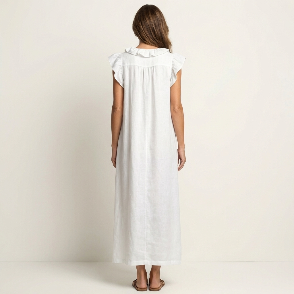 Josette | Vestido largo de algodón y lino con escote en V de volantes