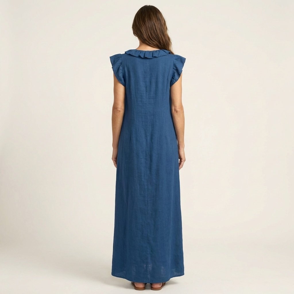 Josette | Vestido largo de algodón y lino con escote en V de volantes