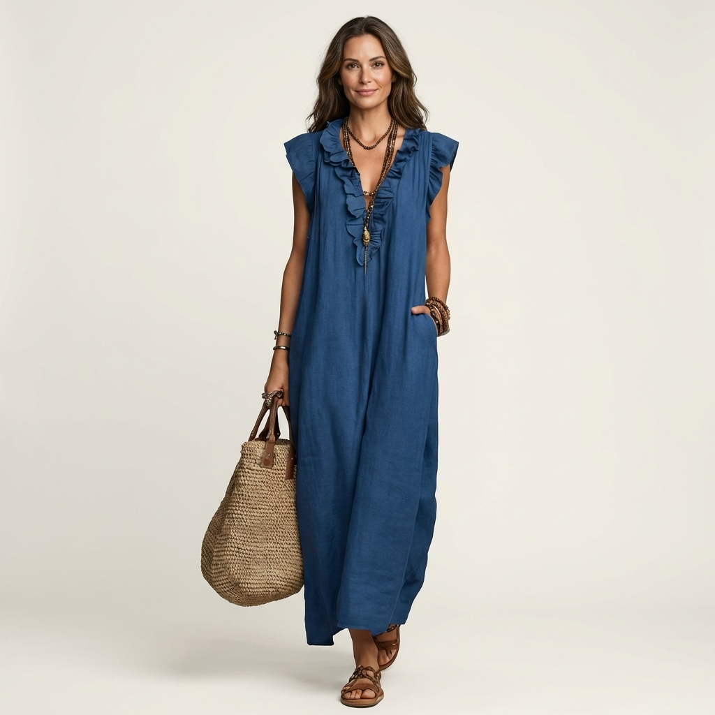 Josette | Vestido largo de algodón y lino con escote en V de volantes