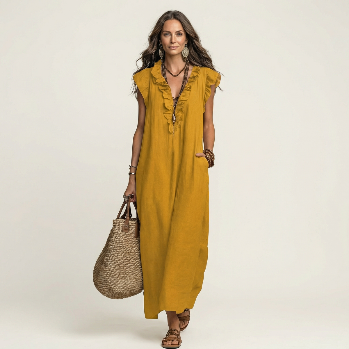 Josette | Vestido largo de algodón y lino con escote en V de volantes