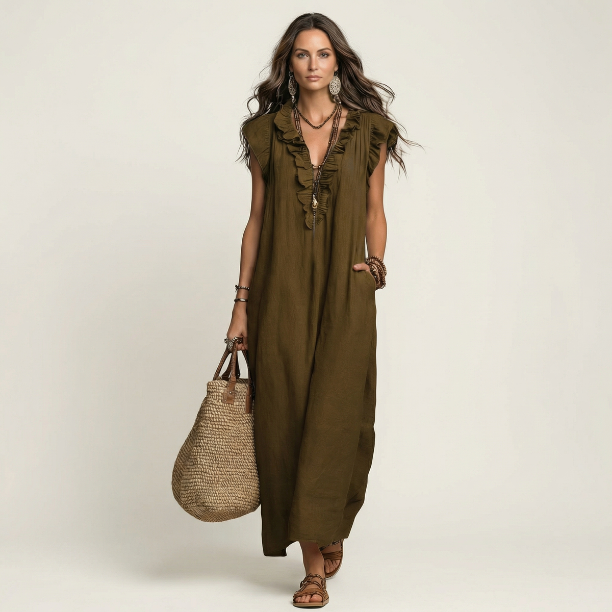 Josette | Vestido largo de algodón y lino con escote en V de volantes