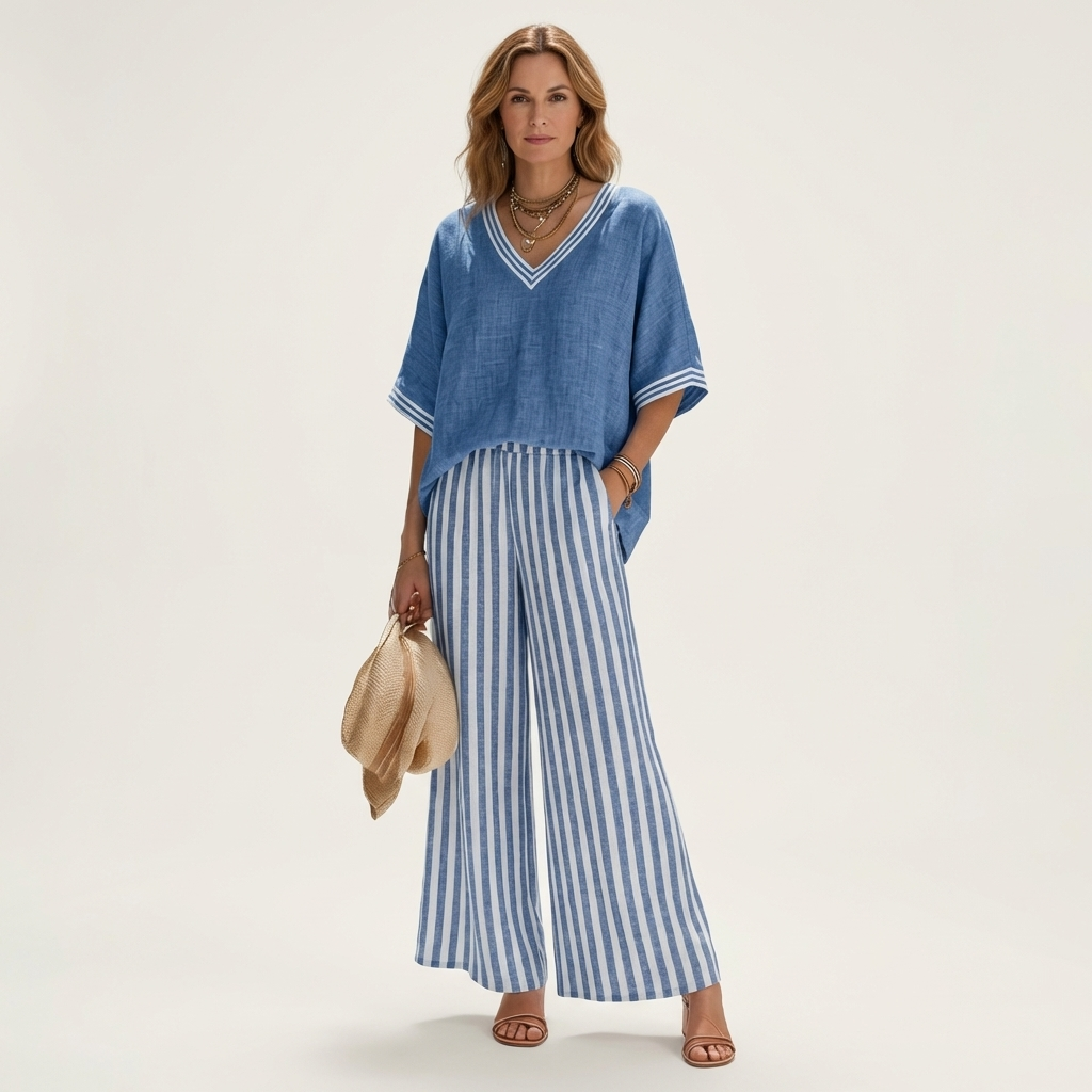 Juliana | Conjunto de blusa con escote en V y pantalón ancho de rayas
