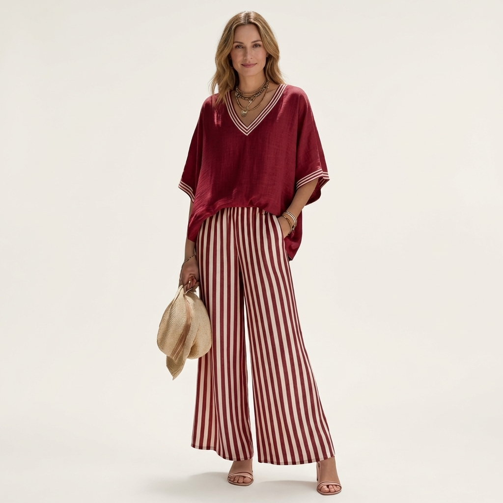 Juliana | Conjunto de blusa con escote en V y pantalón ancho de rayas