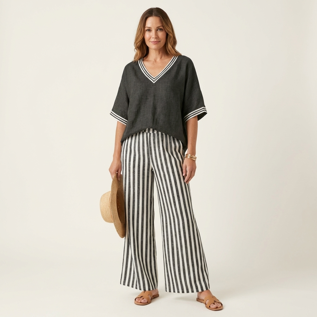 Juliana | Conjunto de blusa con escote en V y pantalón ancho de rayas