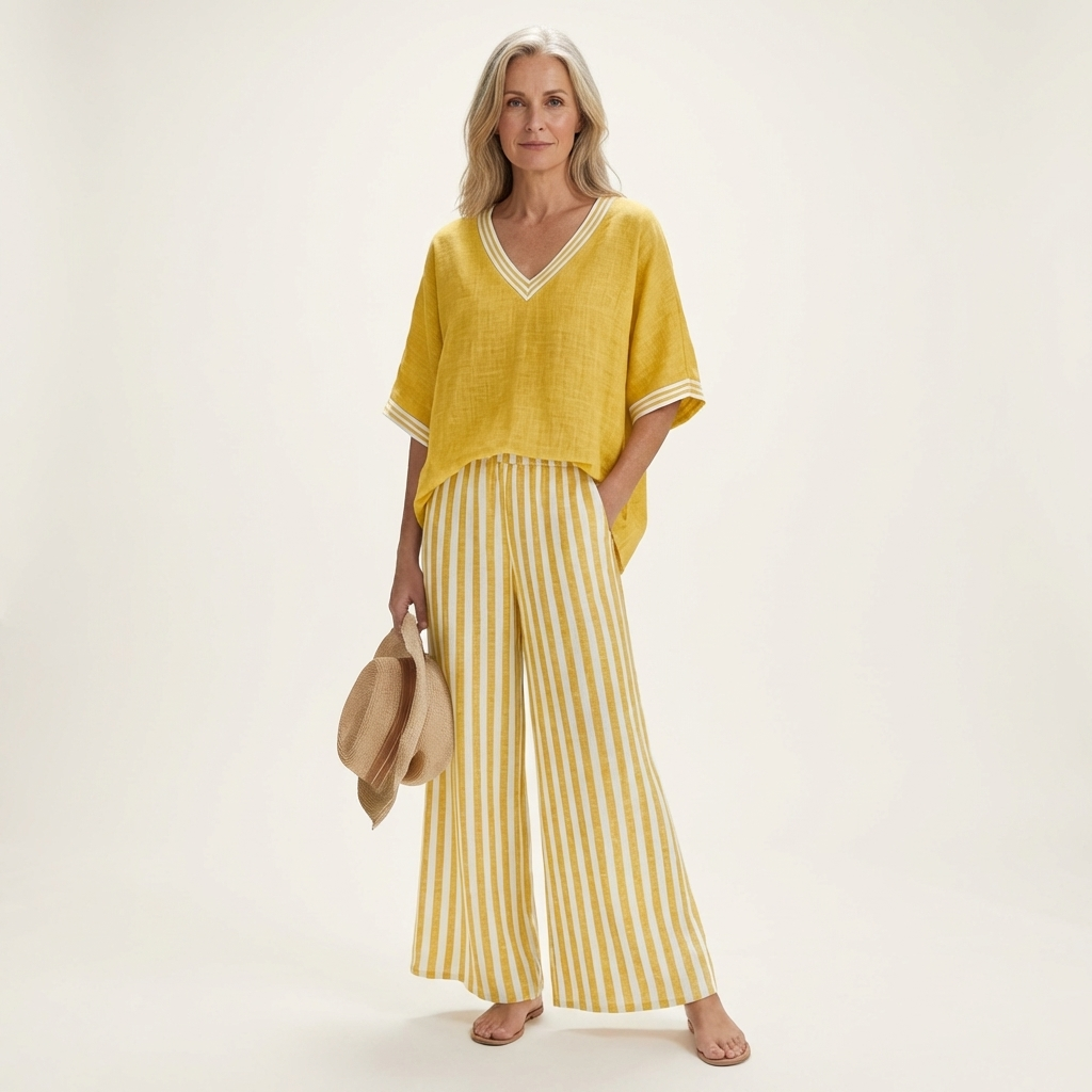 Juliana | Conjunto de blusa con escote en V y pantalón ancho de rayas