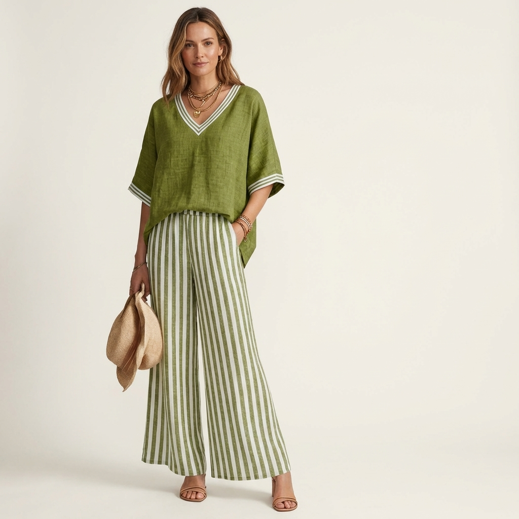 Juliana | Conjunto de blusa con escote en V y pantalón ancho de rayas