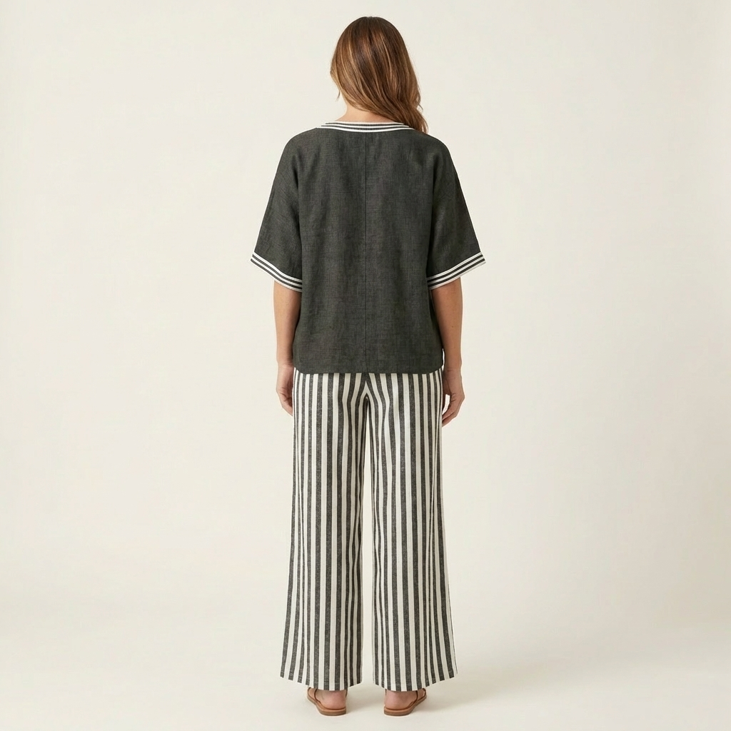 Juliana | Conjunto de blusa con escote en V y pantalón ancho de rayas