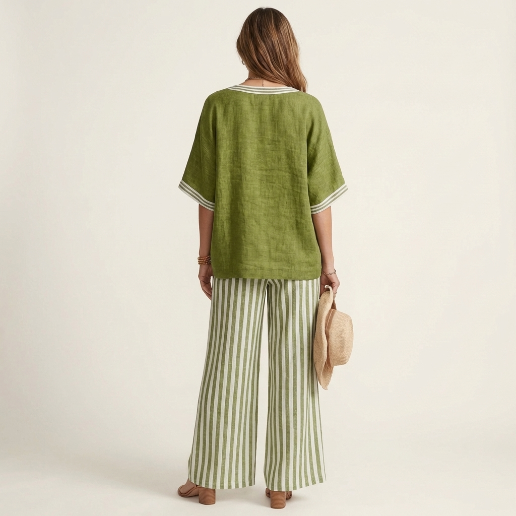 Juliana | Conjunto de blusa con escote en V y pantalón ancho de rayas