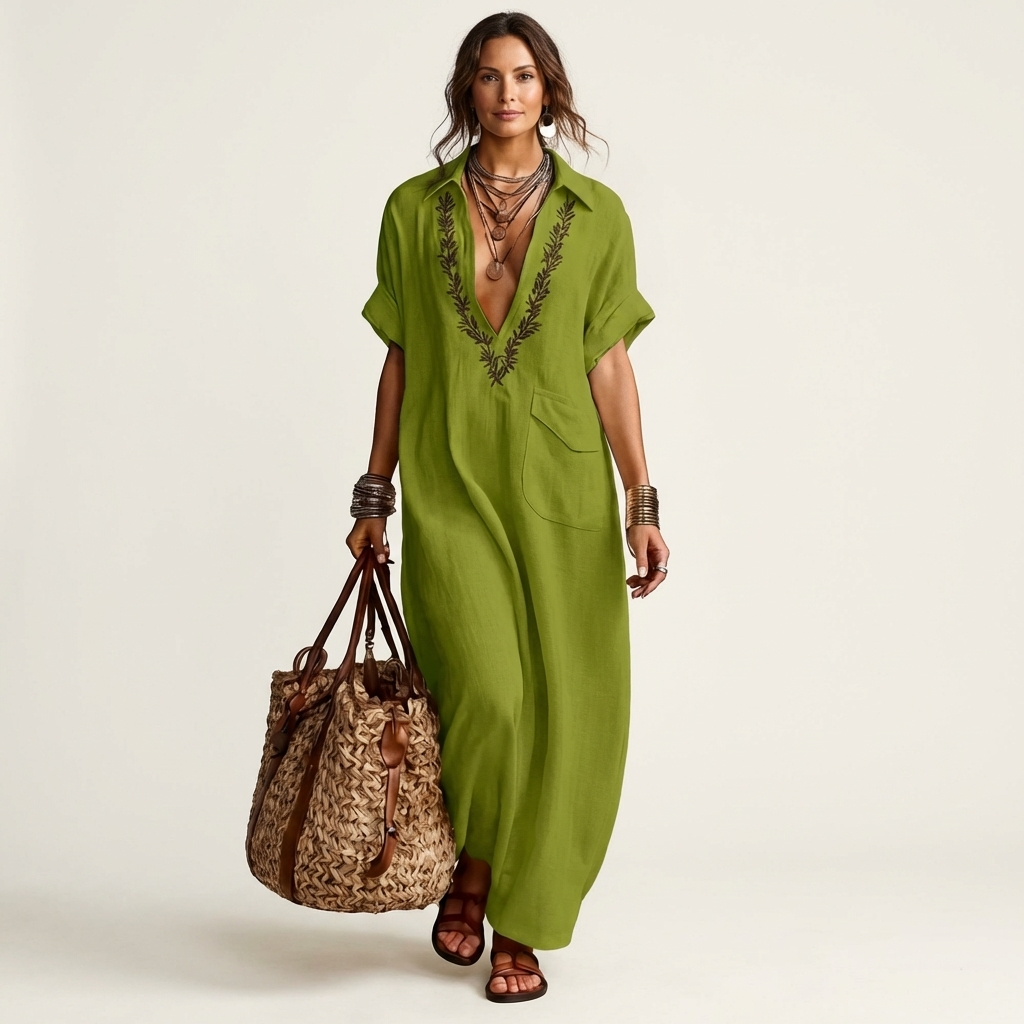 Amarina | Vestido largo de lino con cuello en V bordado