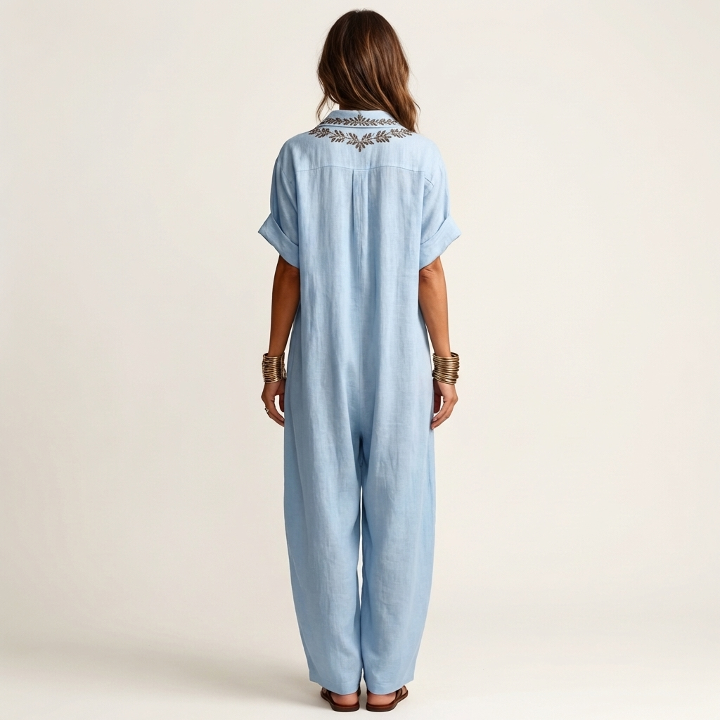 Amarina | Vestido largo de lino con cuello en V bordado