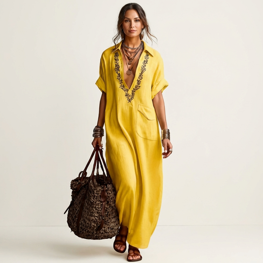 Amarina | Vestido largo de lino con cuello en V bordado