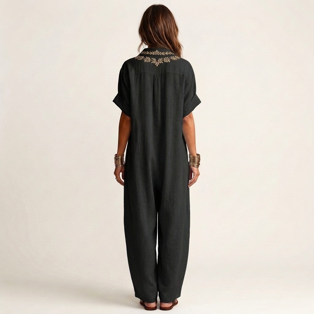 Amarina | Vestido largo de lino con cuello en V bordado
