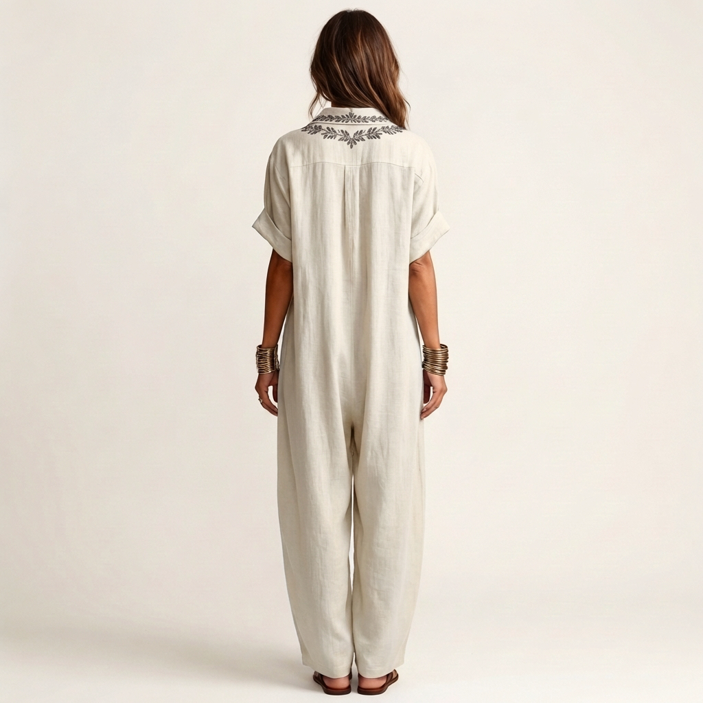 Amarina | Vestido largo de lino con cuello en V bordado