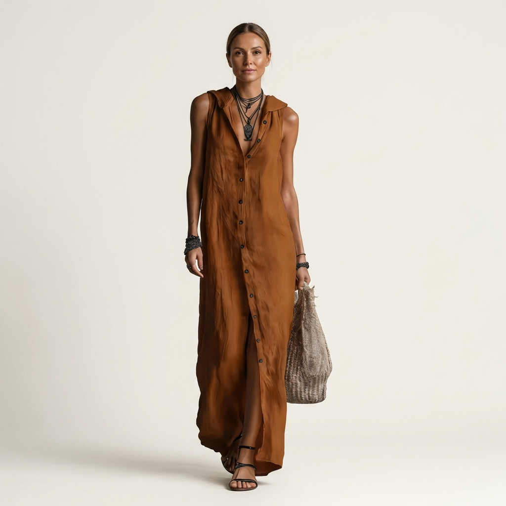Mirabell | Vestido largo sin mangas con capucha y botones frontales