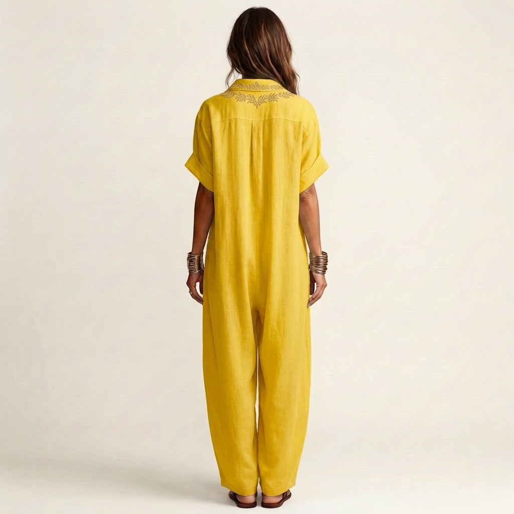 Amarina | Vestido largo de lino con cuello en V bordado