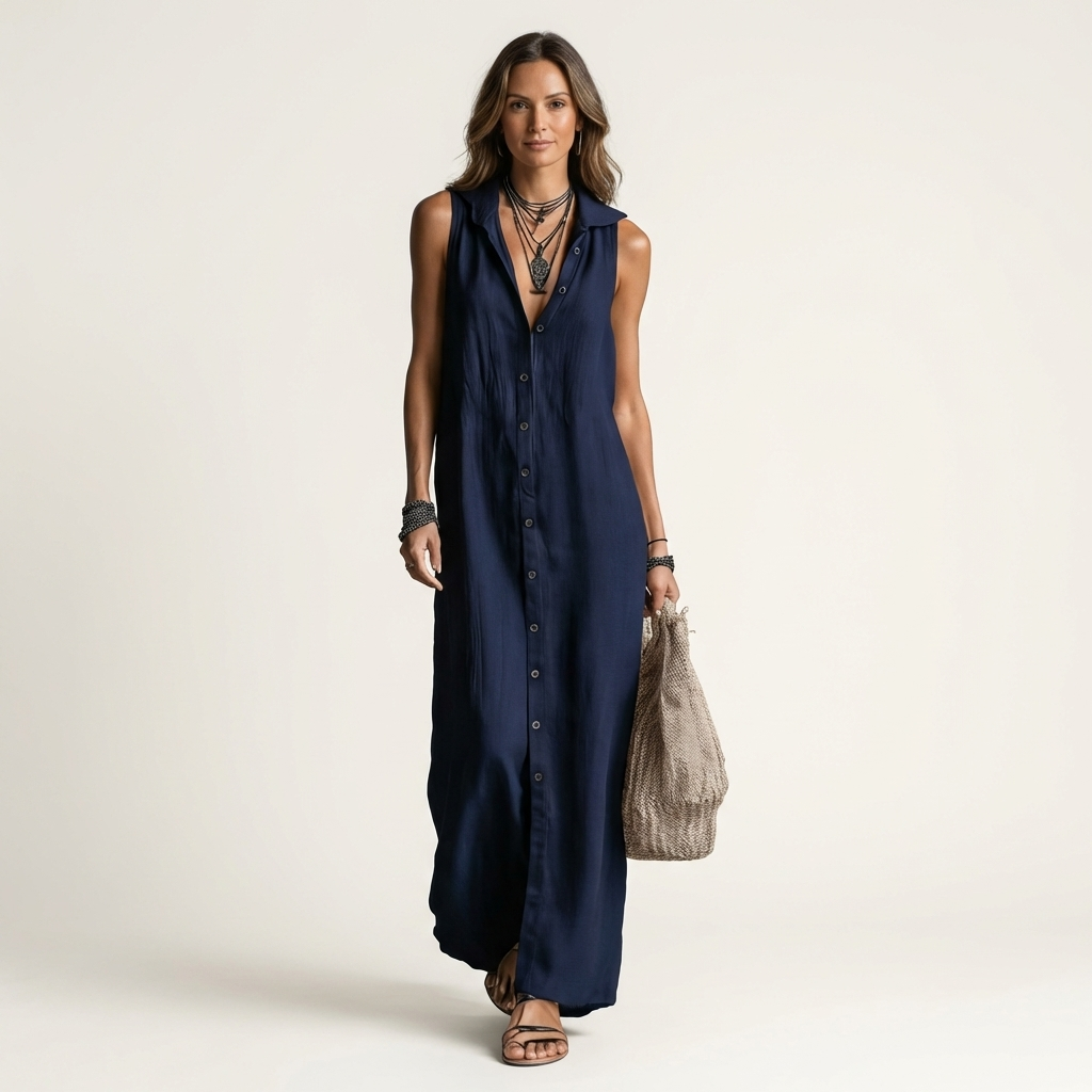 Mirabell | Vestido largo sin mangas con capucha y botones frontales