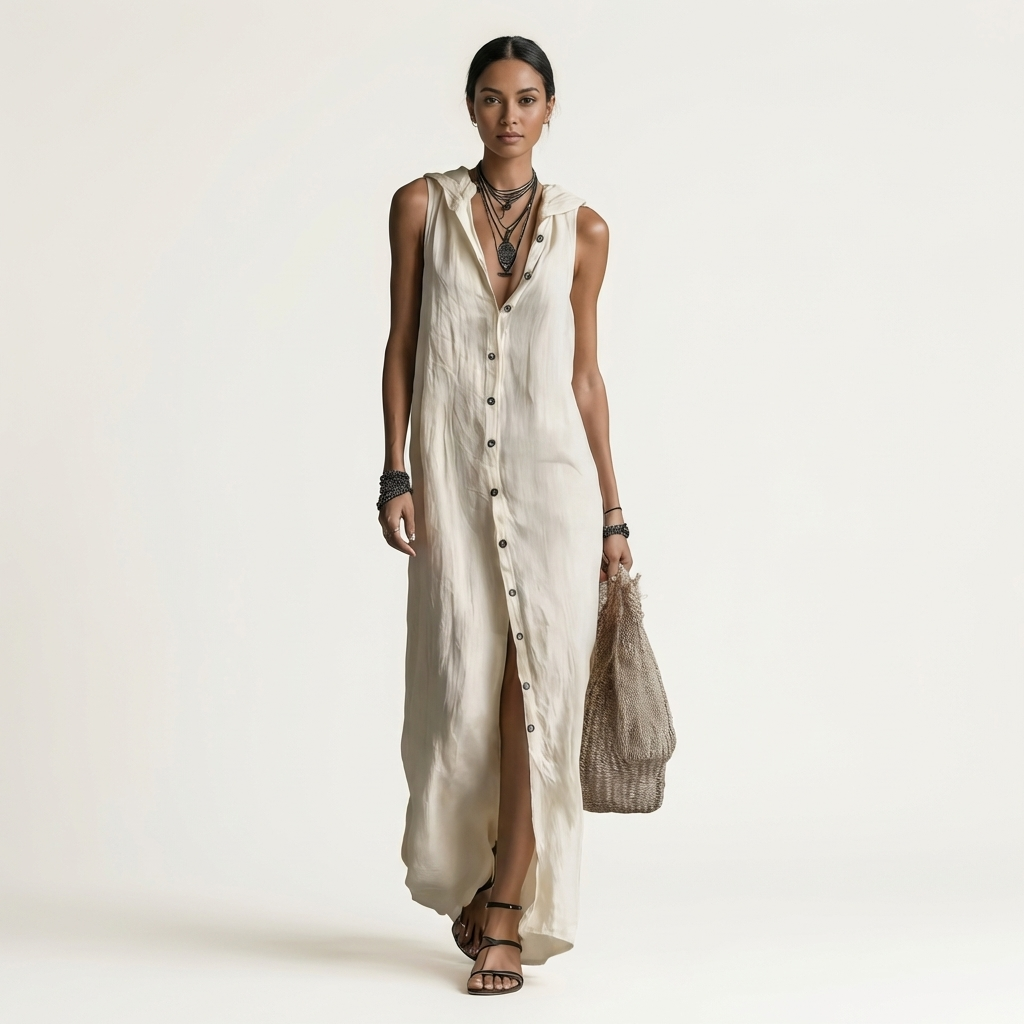 Mirabell | Vestido largo sin mangas con capucha y botones frontales