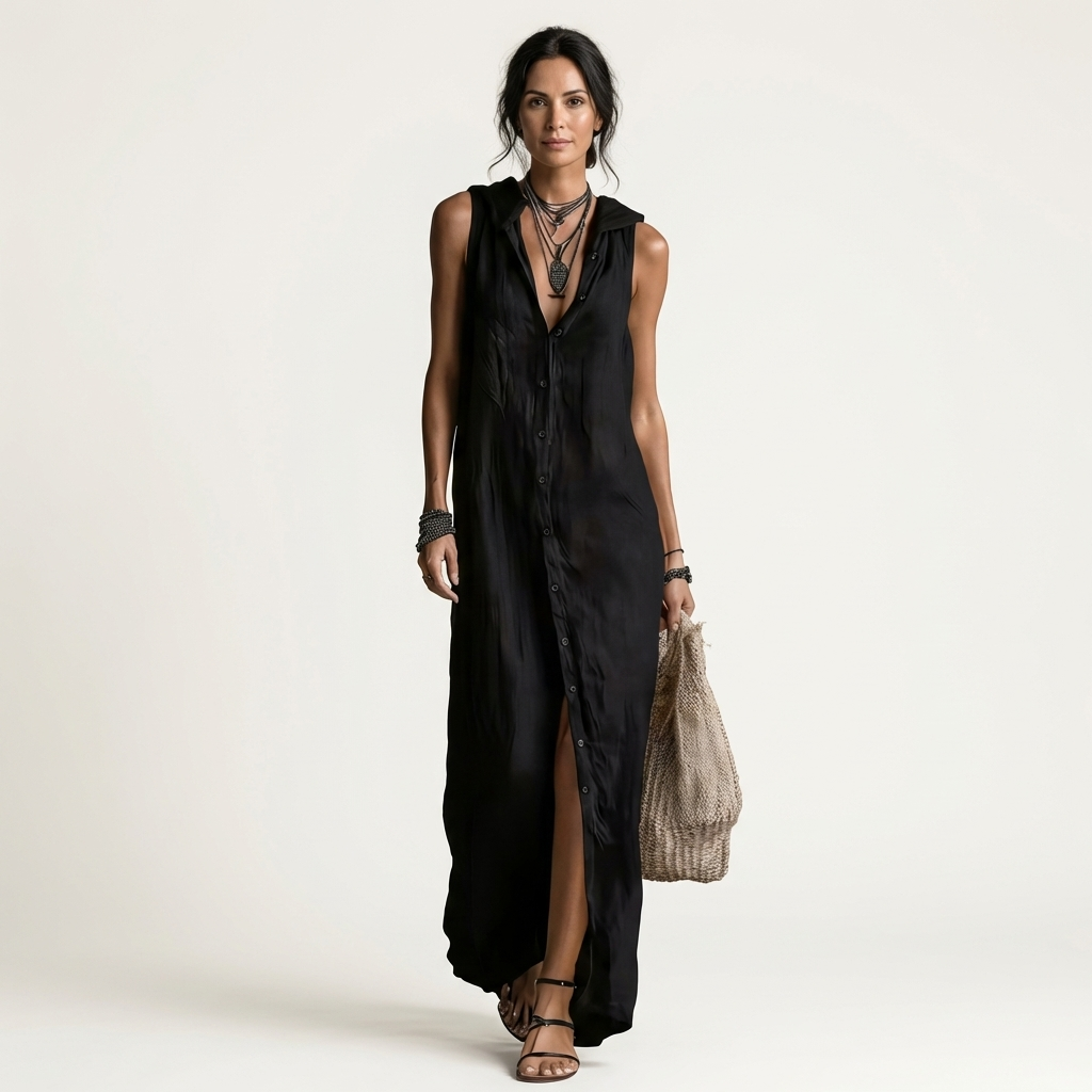 Mirabell | Vestido largo sin mangas con capucha y botones frontales