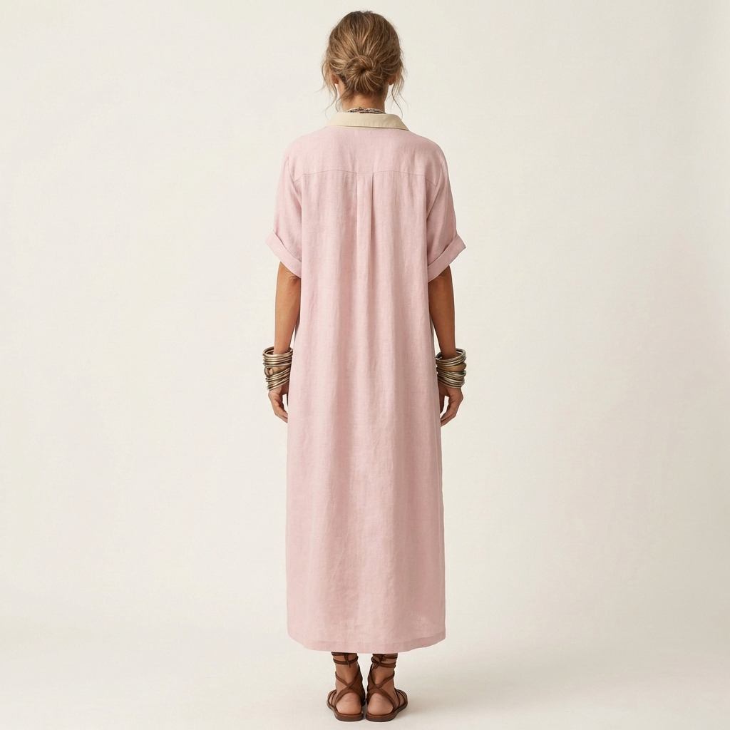 Kamira | Vestido camisero largo de manga corta con cuello en contraste y botones frontales