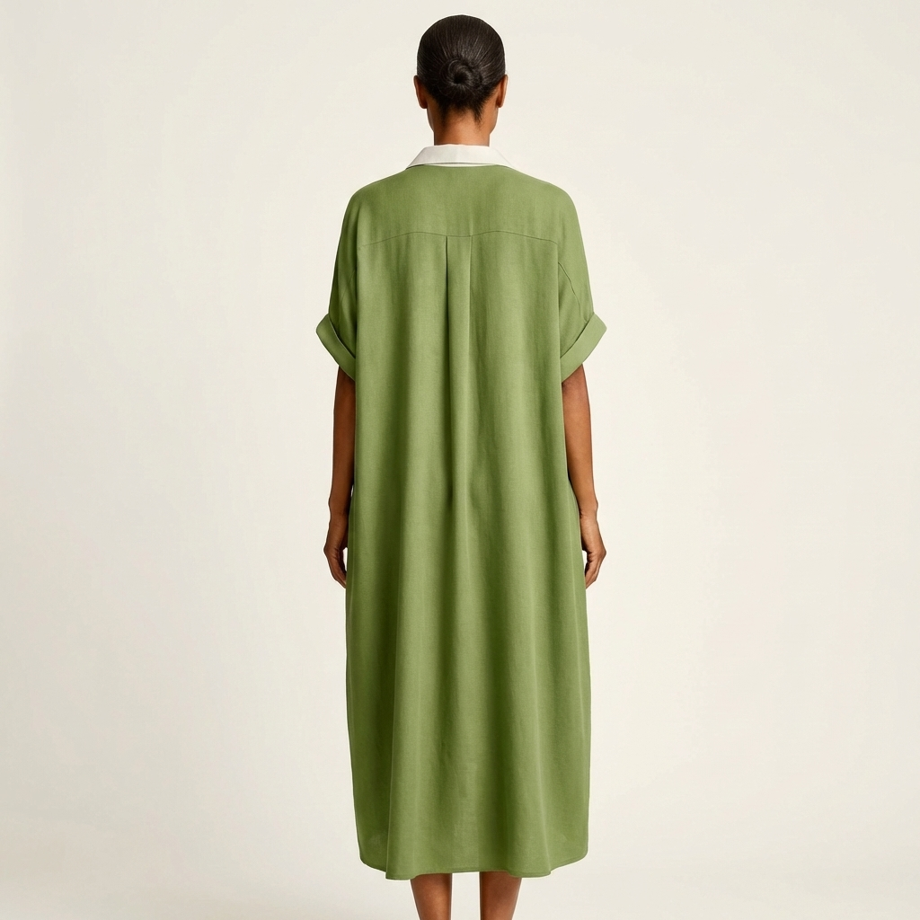 Kamira | Vestido camisero largo de manga corta con cuello en contraste y botones frontales