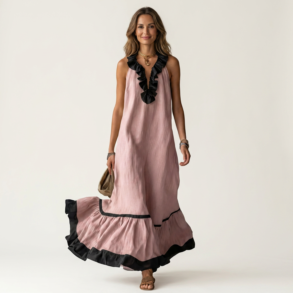 Mayline | Vestido largo sin mangas con escote de volantes y ribetes en contraste