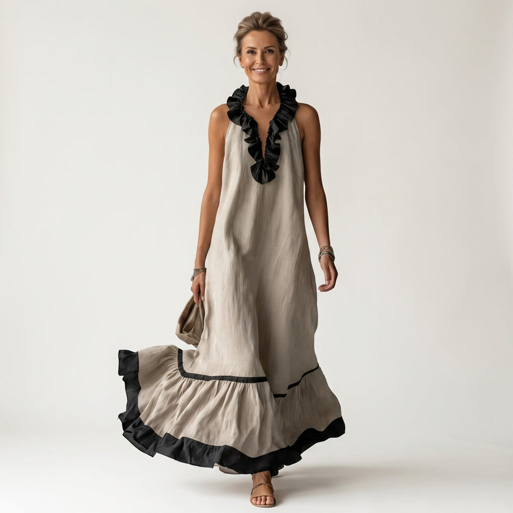 Mayline | Vestido largo sin mangas con escote de volantes y ribetes en contraste