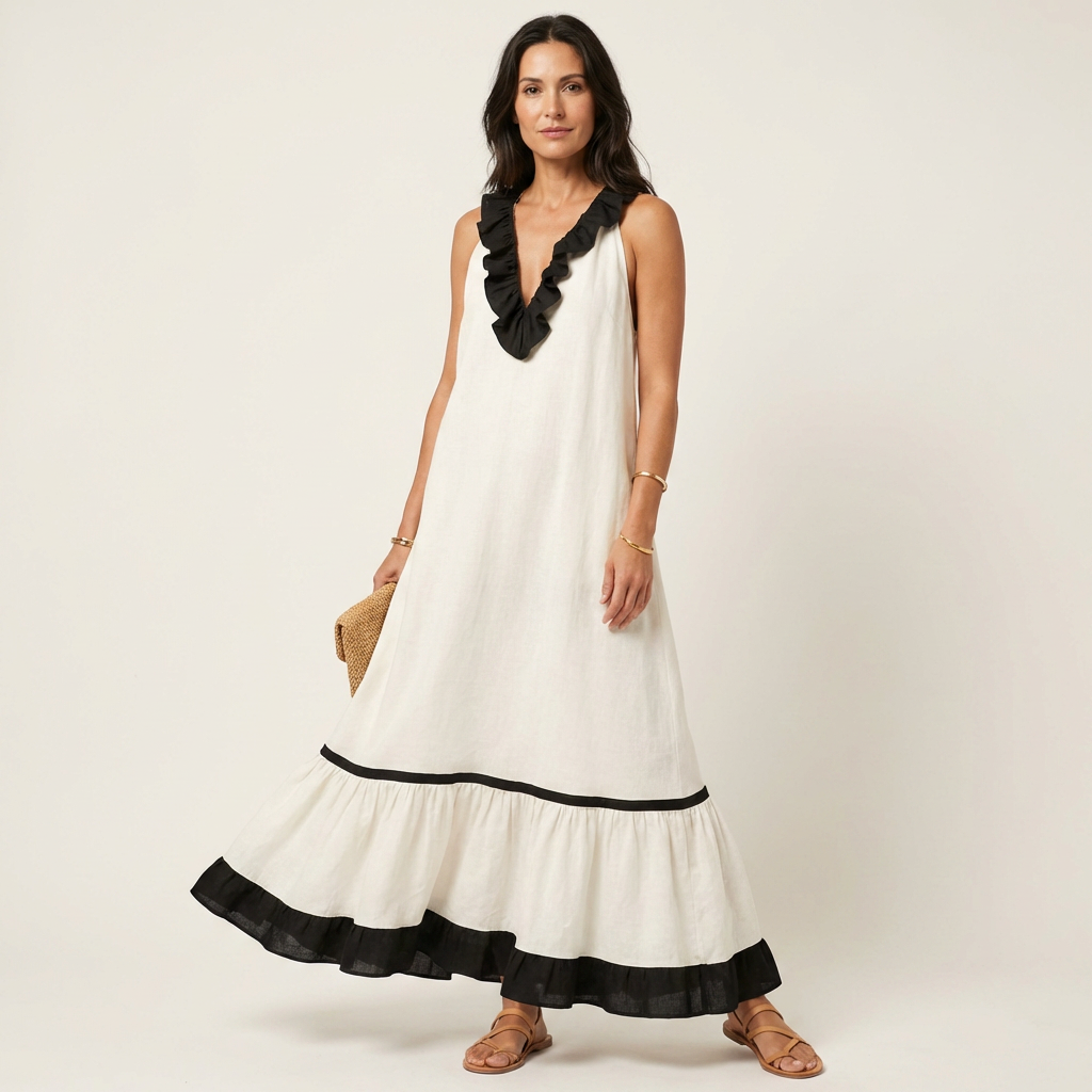Mayline | Vestido largo sin mangas con escote de volantes y ribetes en contraste