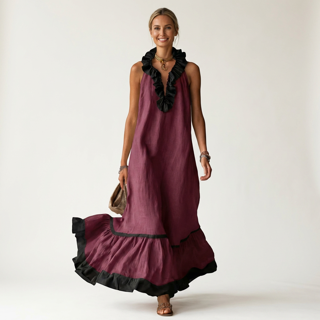 Mayline | Vestido largo sin mangas con escote de volantes y ribetes en contraste