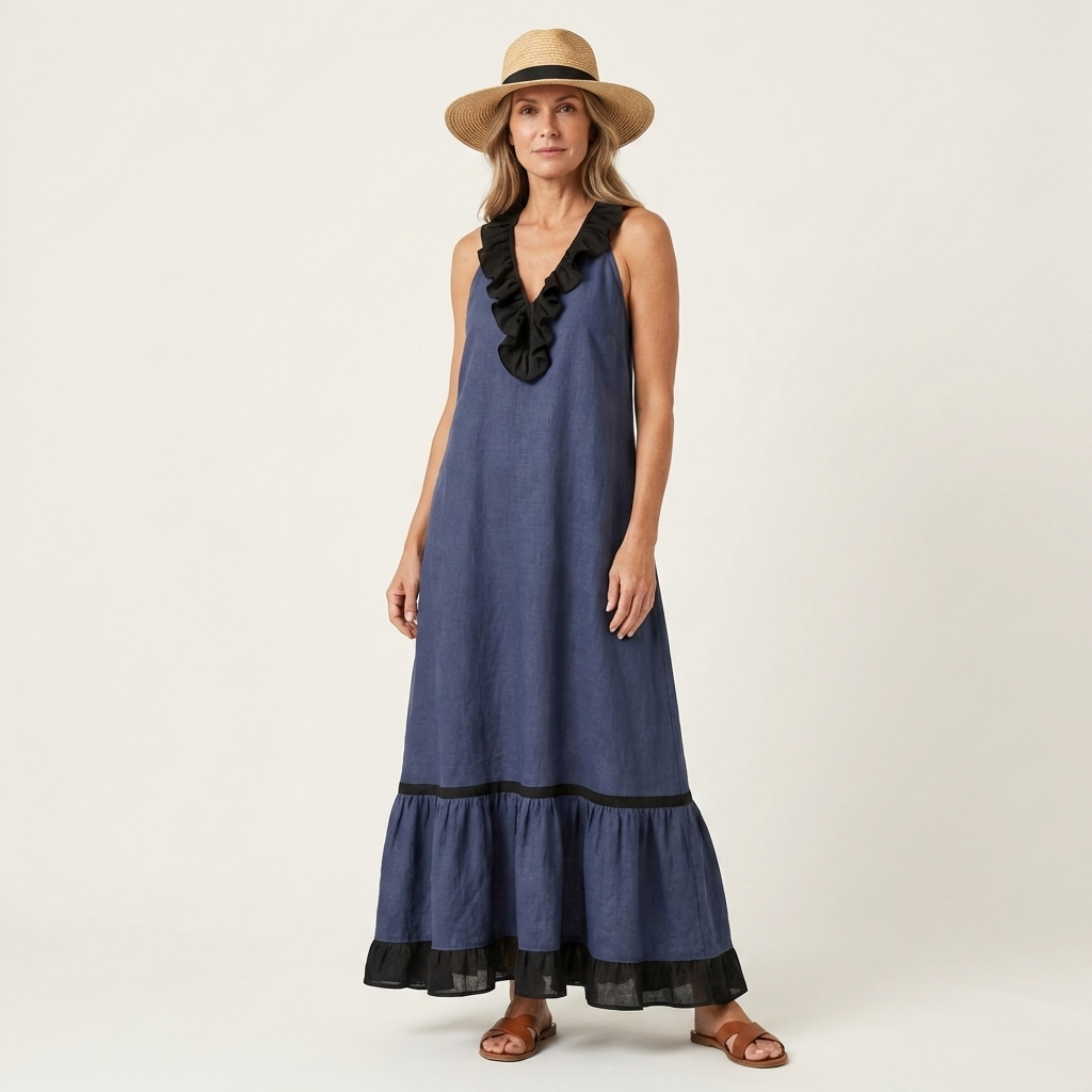 Mayline | Vestido largo sin mangas con escote de volantes y ribetes en contraste