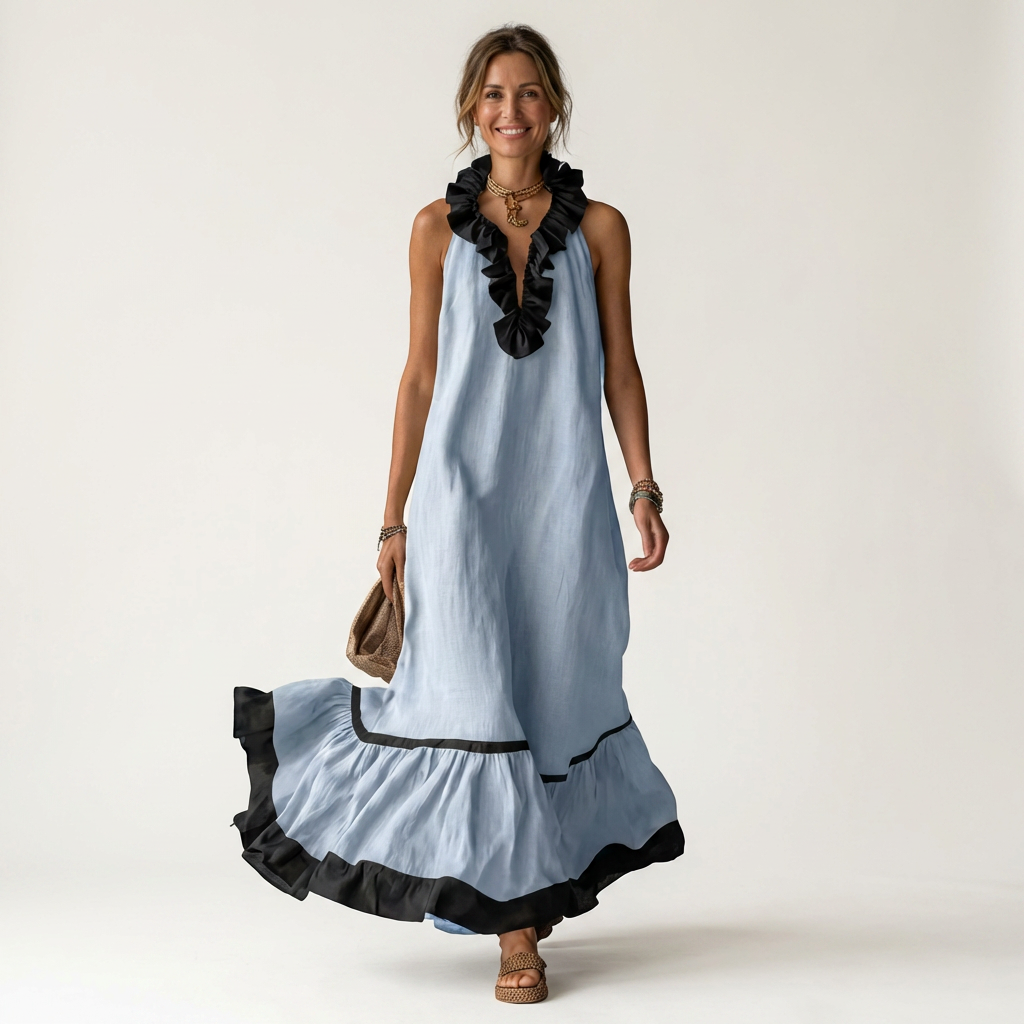 Mayline | Vestido largo sin mangas con escote de volantes y ribetes en contraste