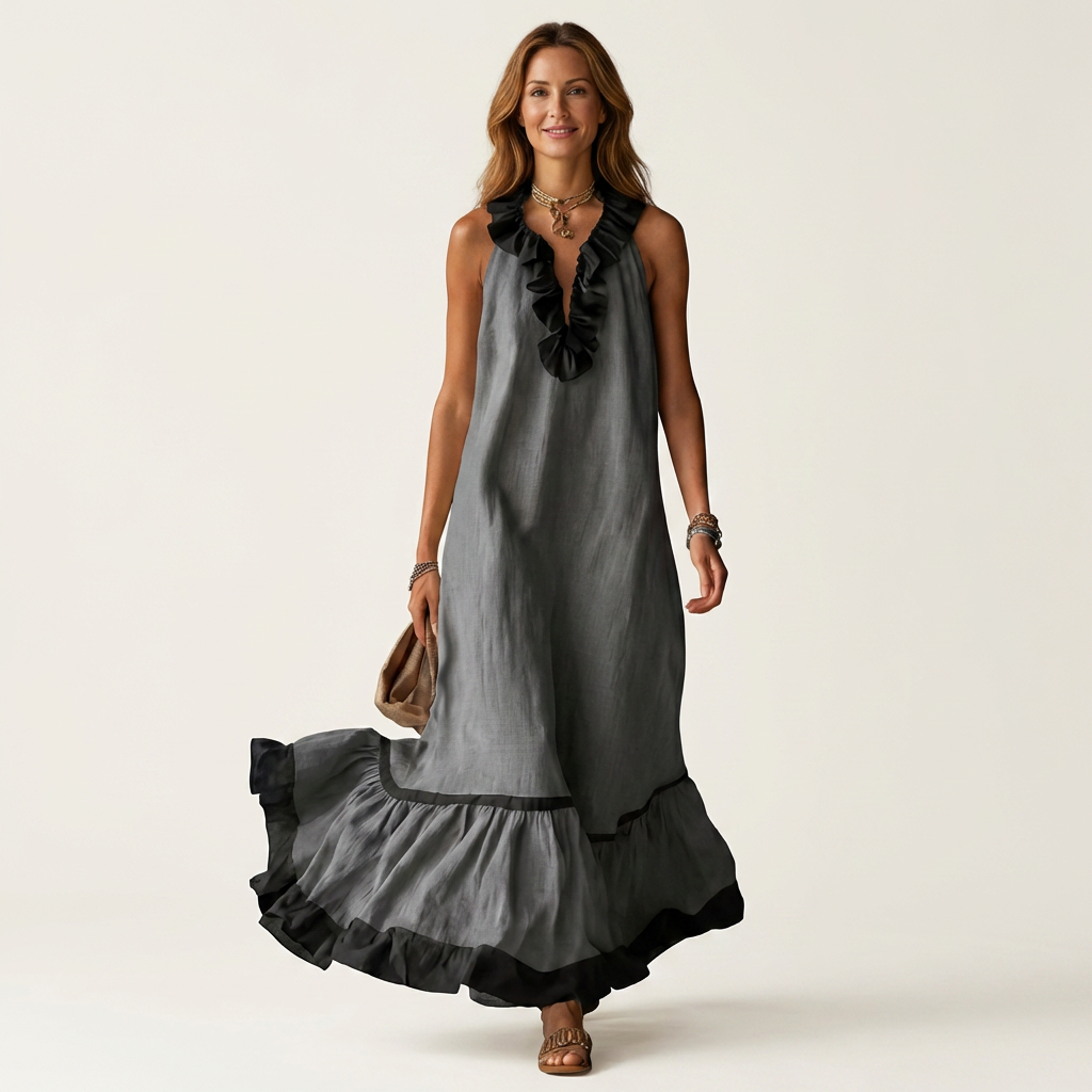 Mayline | Vestido largo sin mangas con escote de volantes y ribetes en contraste