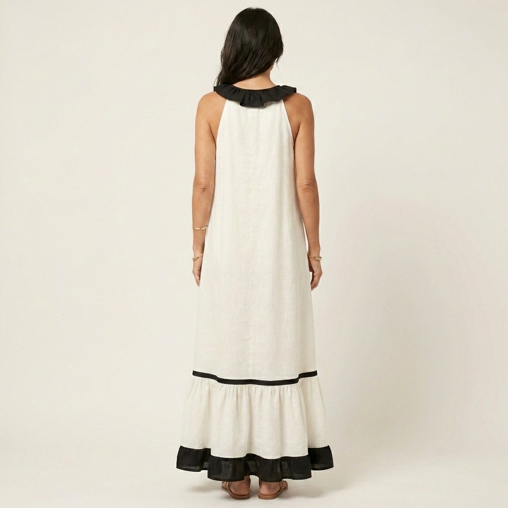 Mayline | Vestido largo sin mangas con escote de volantes y ribetes en contraste
