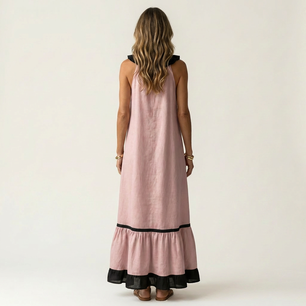 Mayline | Vestido largo sin mangas con escote de volantes y ribetes en contraste