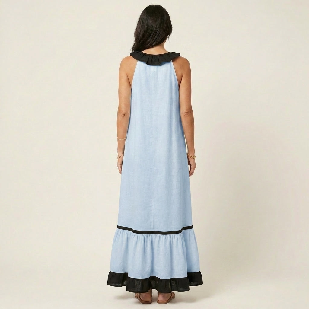 Mayline | Vestido largo sin mangas con escote de volantes y ribetes en contraste