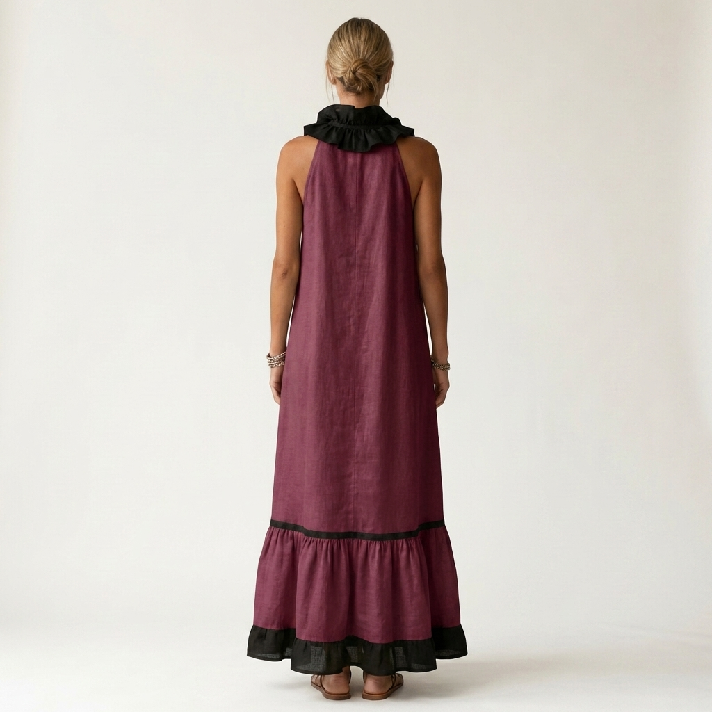 Mayline | Vestido largo sin mangas con escote de volantes y ribetes en contraste