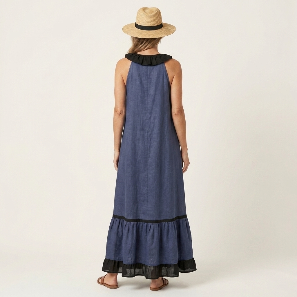 Mayline | Vestido largo sin mangas con escote de volantes y ribetes en contraste