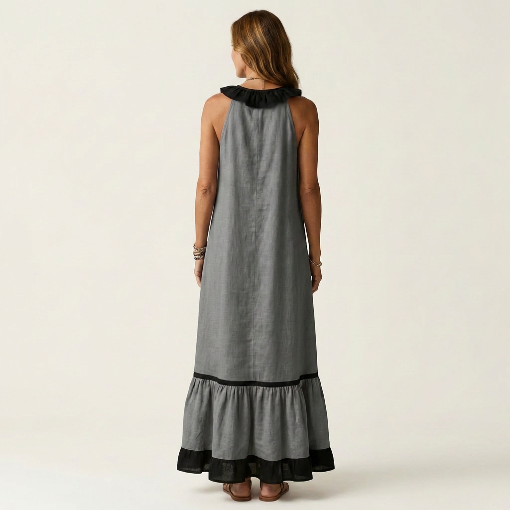 Mayline | Vestido largo sin mangas con escote de volantes y ribetes en contraste