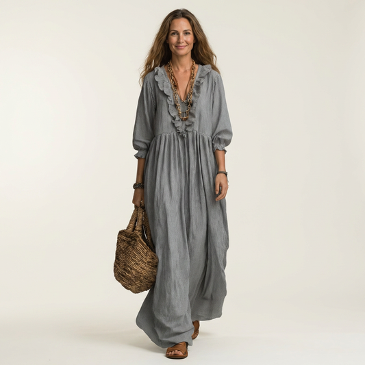 Yosetta | Vestido largo de rayas con escote en V de volantes y mangas farol