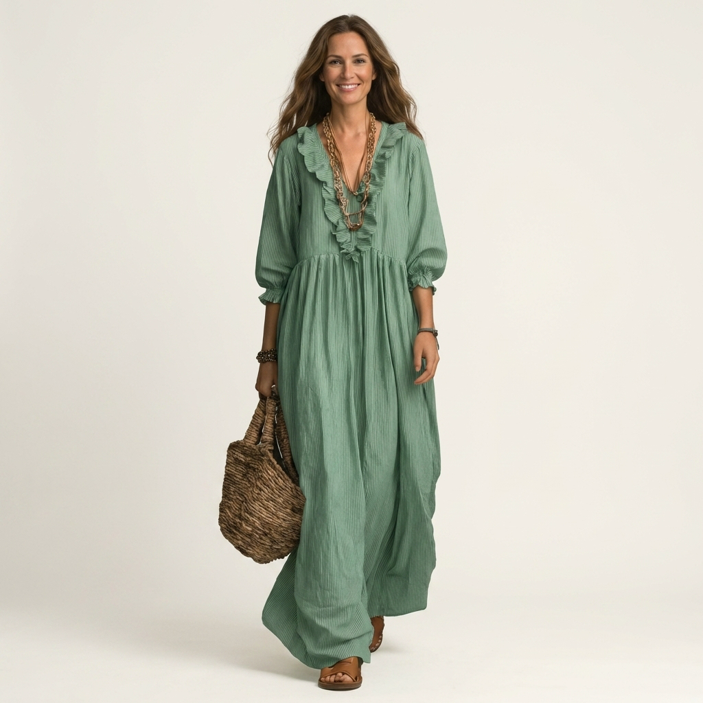 Yosetta | Vestido largo de rayas con escote en V de volantes y mangas farol