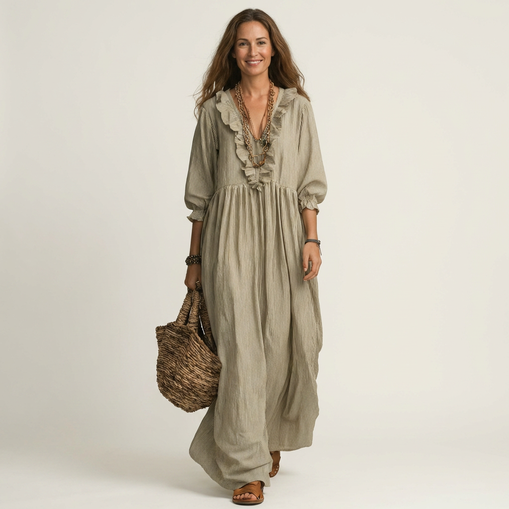Yosetta | Vestido largo de rayas con escote en V de volantes y mangas farol