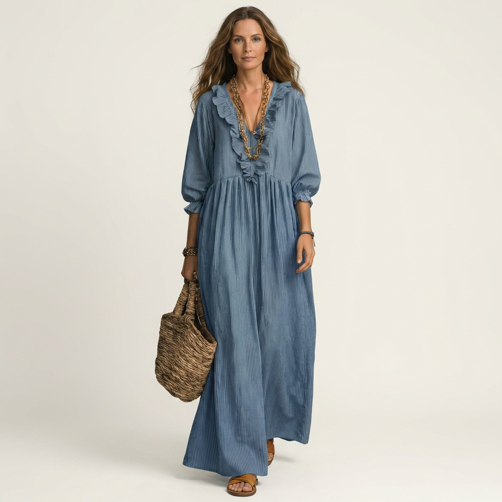 Yosetta | Vestido largo de rayas con escote en V de volantes y mangas farol