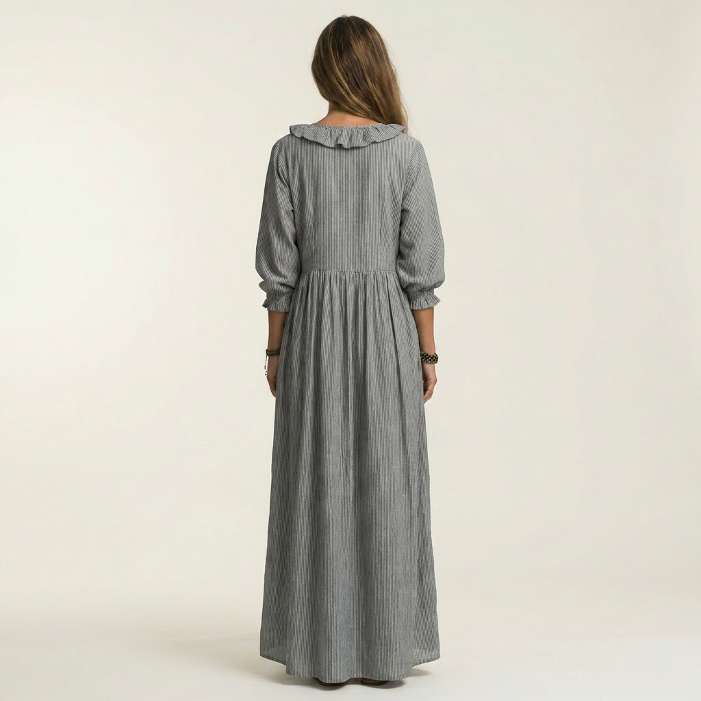 Yosetta | Vestido largo de rayas con escote en V de volantes y mangas farol