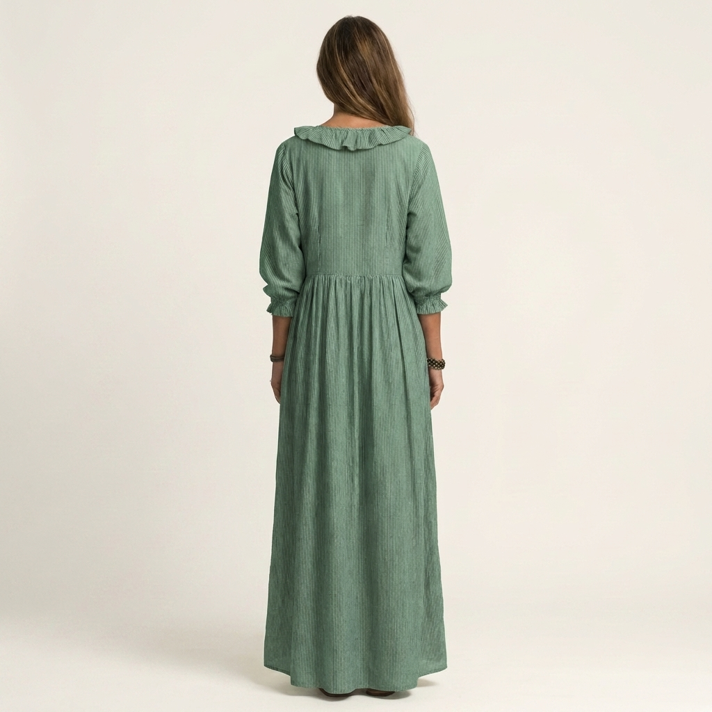 Yosetta | Vestido largo de rayas con escote en V de volantes y mangas farol